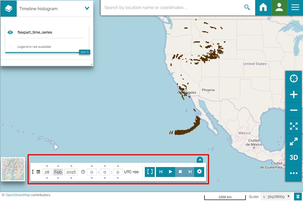 Timeline tool visible on the map for layers with time dimension